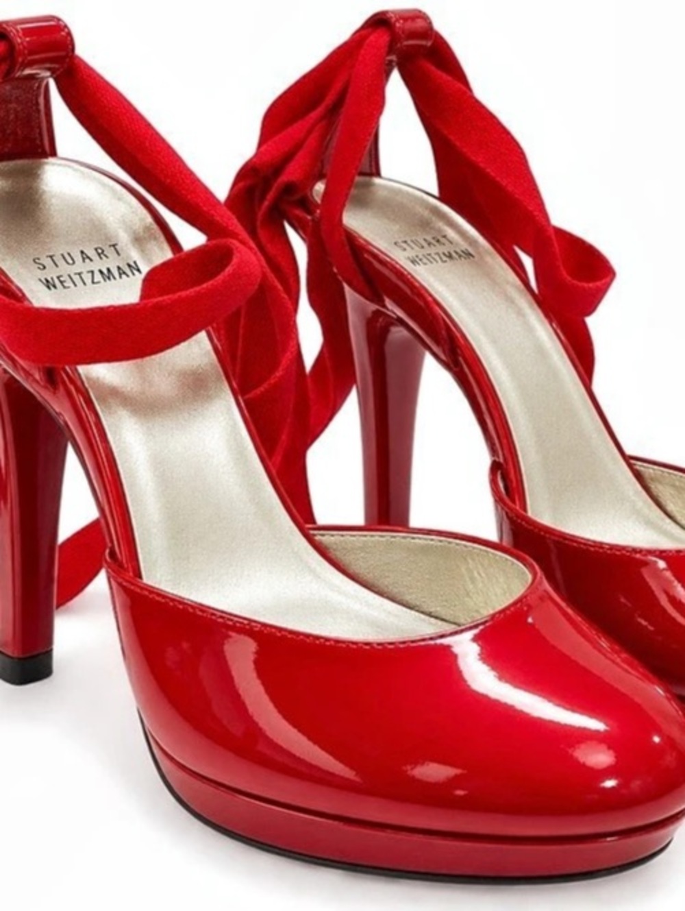 Stuart Weitzman Red Patent Leather Ribbon Tie Platform Heels 8.5 M